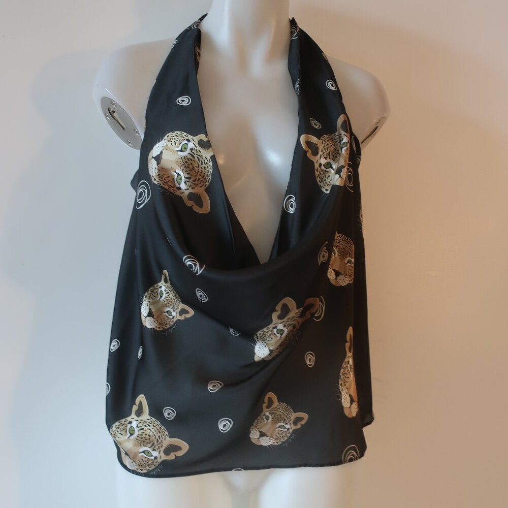 NWT Womens Bululu Bululu Resort Wear Black Gold Satin Leopard Halter Top L/XL *